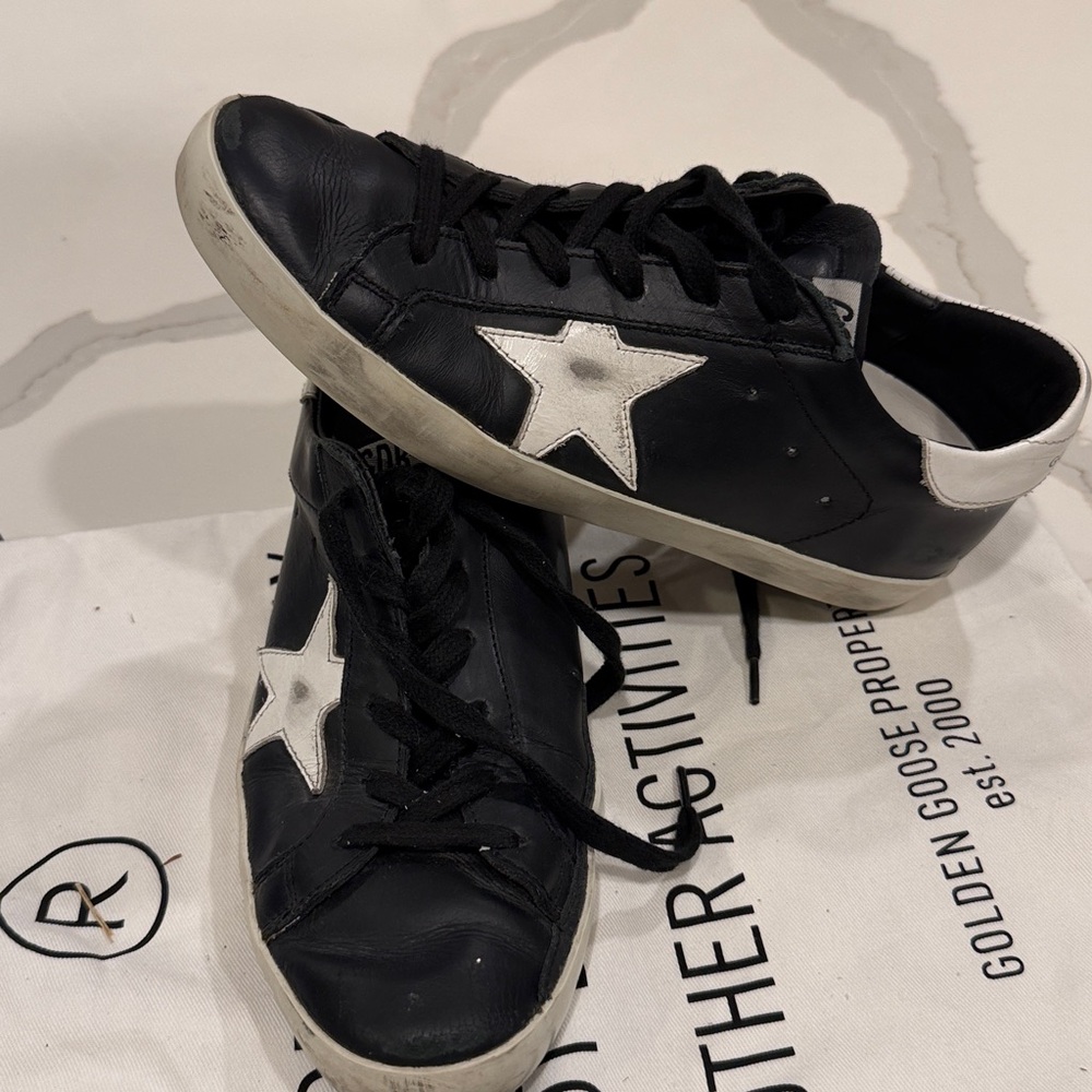 Golden Goose Black Leather Superstar Sneakers with White Star - Picture 15 of 15